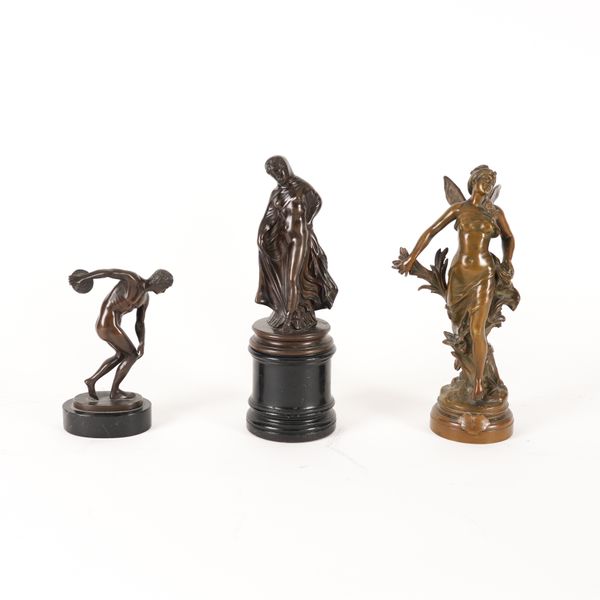 A FRENCH BRONZE WINGED FIGURE OF A GODDESS AND A BRONZE FIGURE OF THE GODDESS (3)