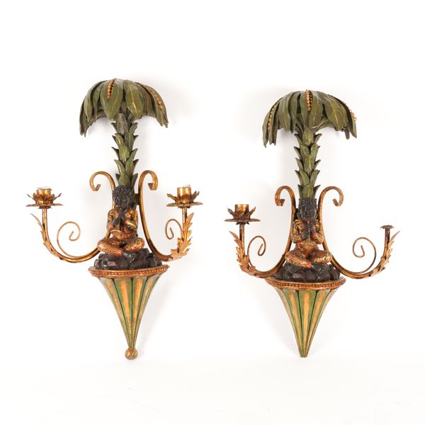 A PAIR OF VENETIAN STYLE GILT TOLE MOUNTED AND DECORATED  COMPOSITE TWIN-LIGHT WALL APPLIQUES (2)