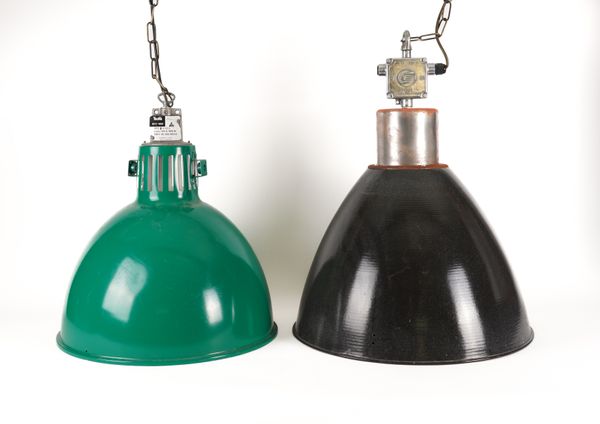 TWO INDUSTRIAL ENAMEL DECORATED PENDANT LIGHTS (2)