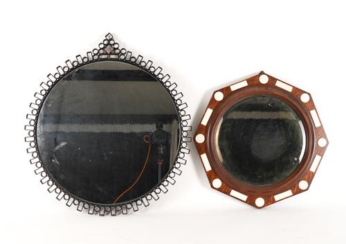 AN OAK MOUNTED OCTAGONAL WALL MIRROR  (2)