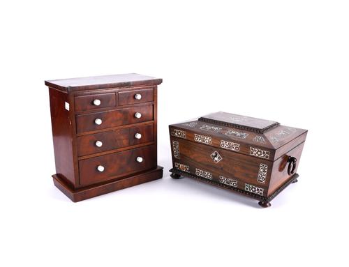 AN EARLY VICTORIAN MOTHER-OF-PEARL SARCOPHAGUS SHAPED WORK BOX (2)