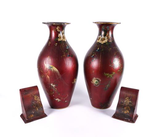 A PAIR OF VICTORIAN RED LACQUER PARCEL GILT AND PAITNED PAPIER-MACHE VASES (4)