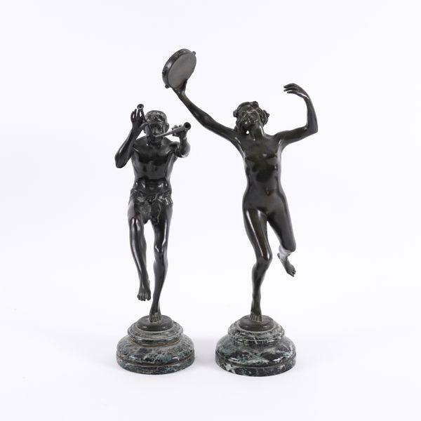 A PAIR OF FRENCH PATINATED BRONZE BACCHANTE DANCERS (2)