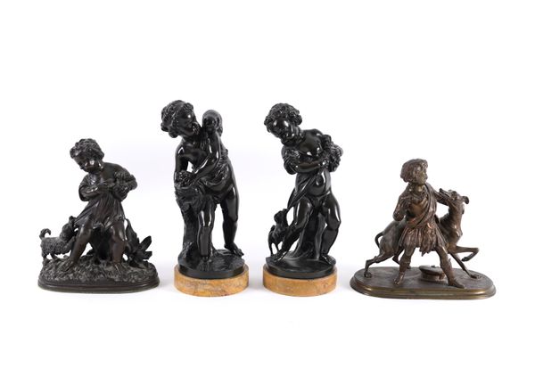 A PAIR OF FRENCH PATINATED BRONZE GROUPS OF CHERUBS WITH ANIMALS AND ANOTHER SMALLER PAIR  (4)