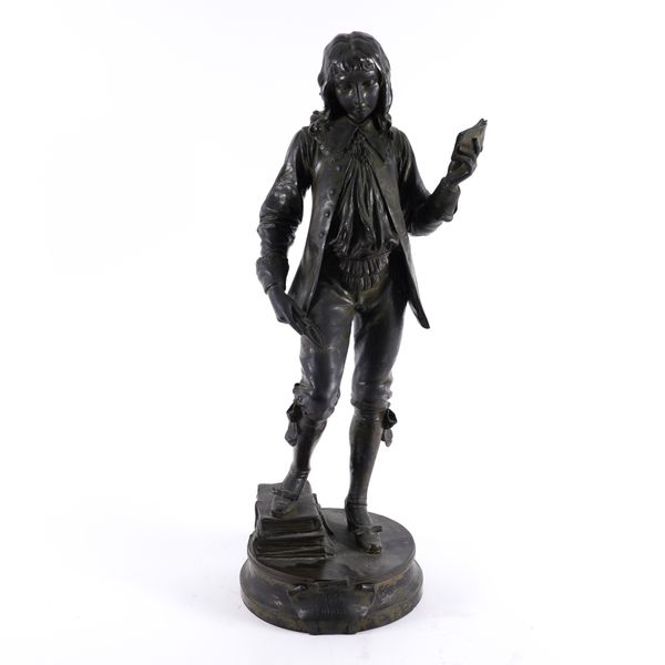 ADRIEN ETIENNE GAUDEZ (FRENCH 1845-1902): A PATINATED BRONZE FIGURE OF AN YOUNG MAN, POSSIBLY AN ARCHITECT