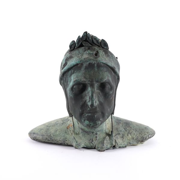 A VERDI-GRIS PATINATED METAL PLASTER BUST OF THE ITALIAN POET DANTE