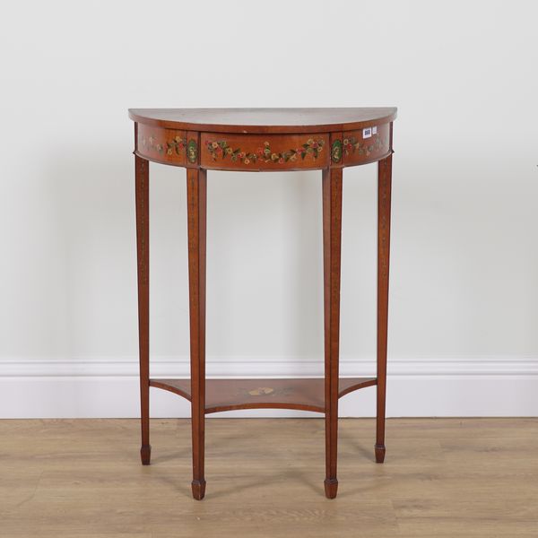 A 19TH CENTURY POLYCHROME PAINTED SATINWOOD DEMI LUNE CONSOLE TABLE