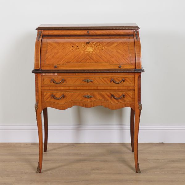 A LOUIS XV STYLE GILT METAL MOUNTED MARQUETRY INLAID KINGWOOD LADYS WRITING BUREAU