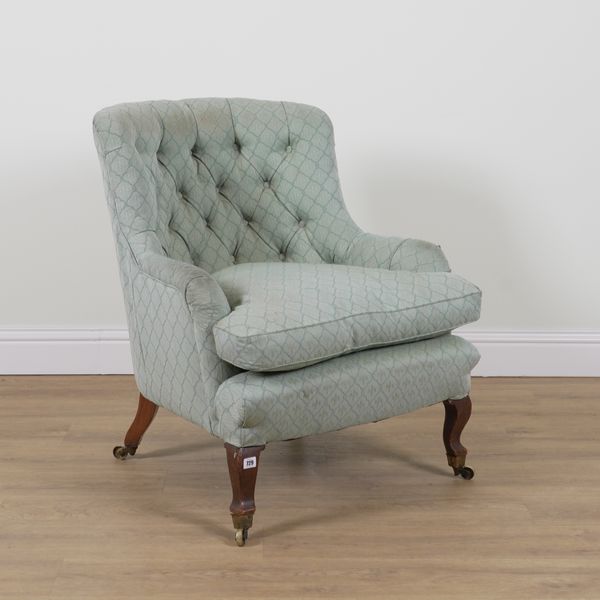 A 19TH CENTURY BUTTON UPHOLSTERED TUB BACK EASY ARMCHAIR