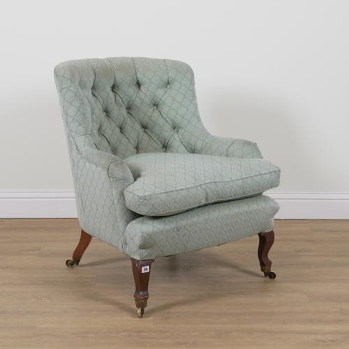 A 19TH CENTURY BUTTON UPHOLSTERED TUB BACK EASY ARMCHAIR