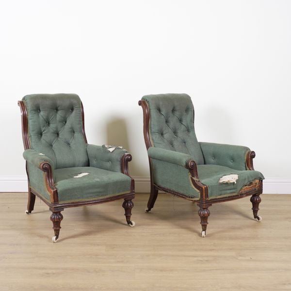 A PAIR OF MAHOGANY FRAMED VICTORIAN ARMCHAIRS (2)