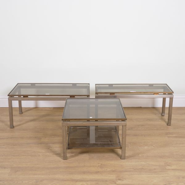 A SET OF THREE CHROME AND BRASS LOW TABLES (3)