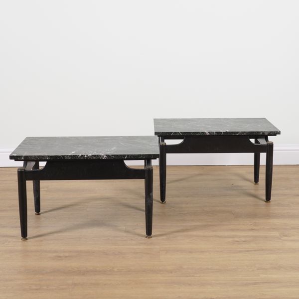 A PAIR OF 20TH CENTURY MARBLE TOPPED BLACK LACQUERED LOW SIDE TABLES (2)