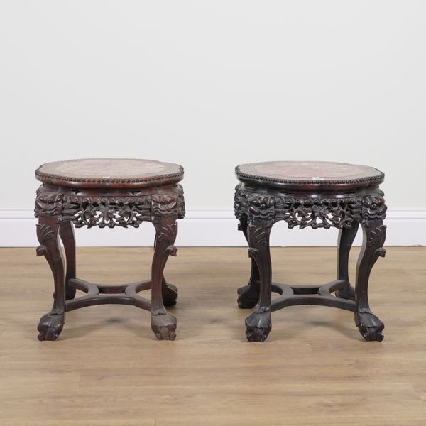 A PAIR OF CHINESE HARDWOOD INSET MARBLE JARDINIERE STANDS (2)