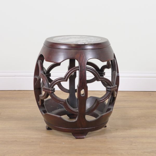 A CHINESE HARDWOOD INSET MARBLE BARREL SHAPED STOOL