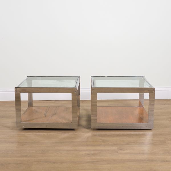 MERROW ASSOCIATES; A PAIR OF MID-20TH CENTURY CHROME AND GLASS SQUARE LOW OCCASIONAL TABLES (2)