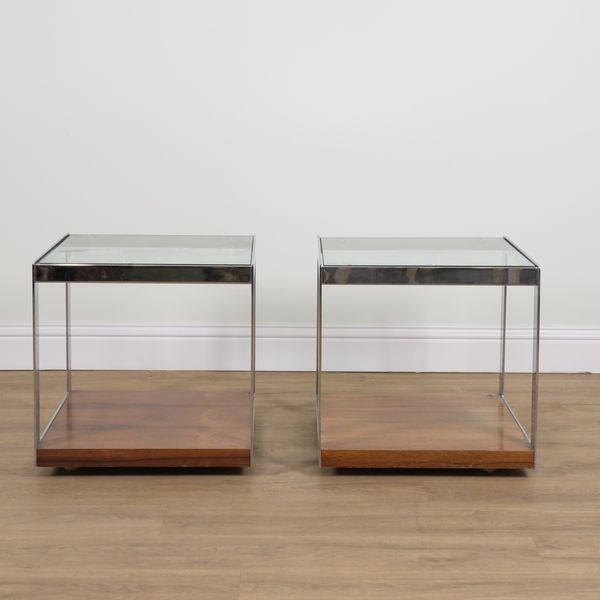 MERROW; A PAIR OF MID-20TH CENTURY CHROME AND GLASS SQUARE SIDE TABLES (2)