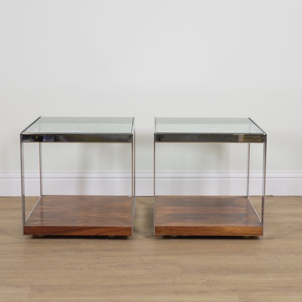 MERROW ASSOCIATES; A PAIR OF MID-20TH CENTURY CHROME AND GLASS SQUARE SIDE TABLES (2)