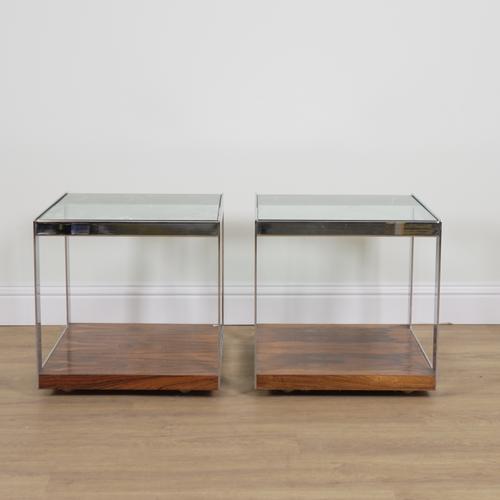 MERROW ASSOCIATES; A PAIR OF MID-20TH CENTURY CHROME AND GLASS SQUARE SIDE TABLES (2)