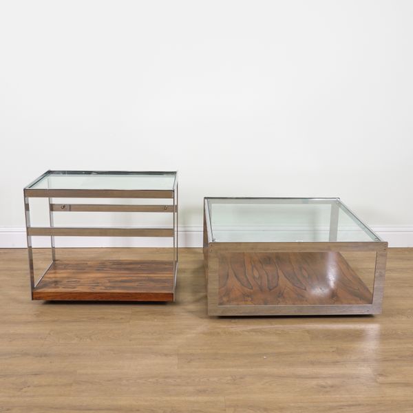 MERROW ASSOCIATES; A MID-20TH CENTURY CHROME AND GLASS SQUARE COFFEE TABLE (2)