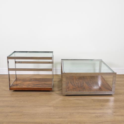 MERROW ASSOCIATES; A MID-20TH CENTURY CHROME AND GLASS SQUARE COFFEE TABLE (2)