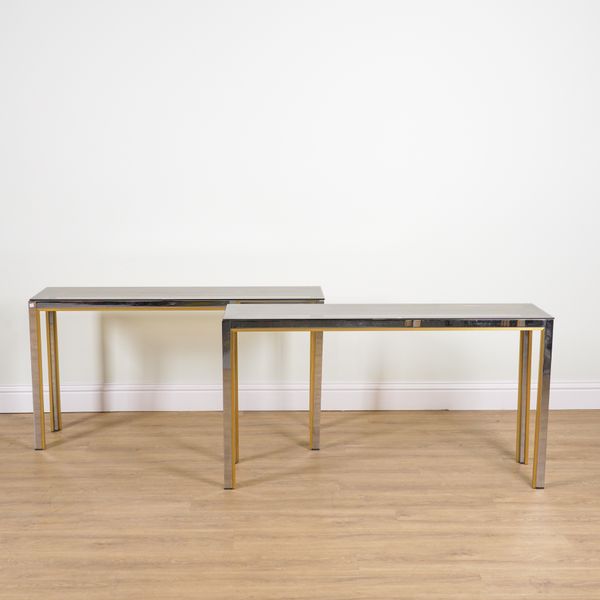 RENATO ZEVI; A PAIR OF 20TH CENTURY CHROME AND BRASS CONSOLE TABLES (2)