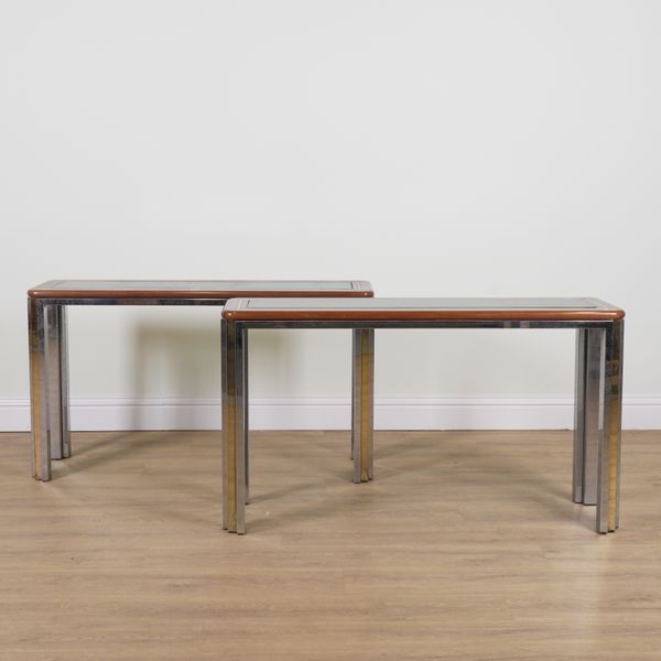 RENATO ZEVI; A PAIR OF MAHOGANY, CHROME AND BRASS CONSOLE TABLES (3)