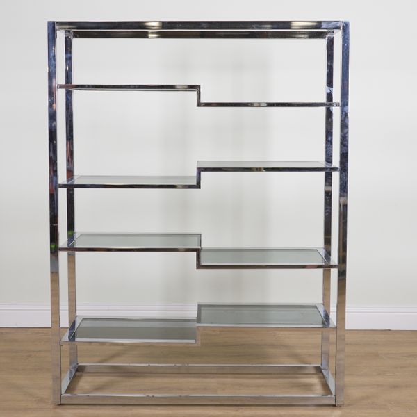 A 20TH CENTURY CHROME AND GLASS FOUR TIER OPEN BOOKCASE