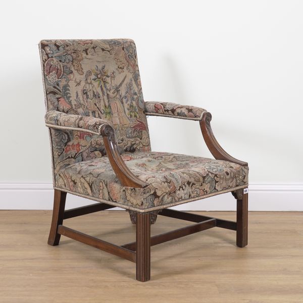 AN 18TH CENTURY STYLE MAHOGANY FRAMED GAINSBOROUGH OPEN ARMCHAIR