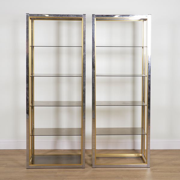 RENATO ZEVI; A PAIR OF CHROME AND BRASS FOUR TIER BOOKCASES (2)