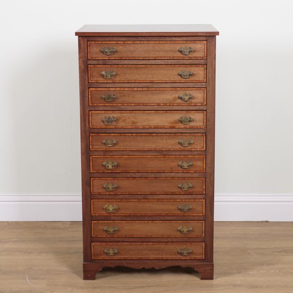 AN EDWARDIAN SATINWOOD BANDED MAHOGANY TEN DRAWER TALL CHEST