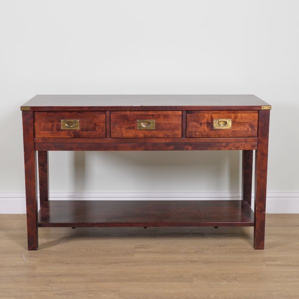 LAURA ASHLEY; A CAMPAIGN STYLE HARDWOOD THREE DRAWER SIDE TABLE