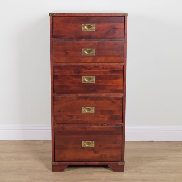 LAURA ASHLEY; A CAMPAIGN STYLE HARDWOOD FIVE DRAWER TALL CHEST