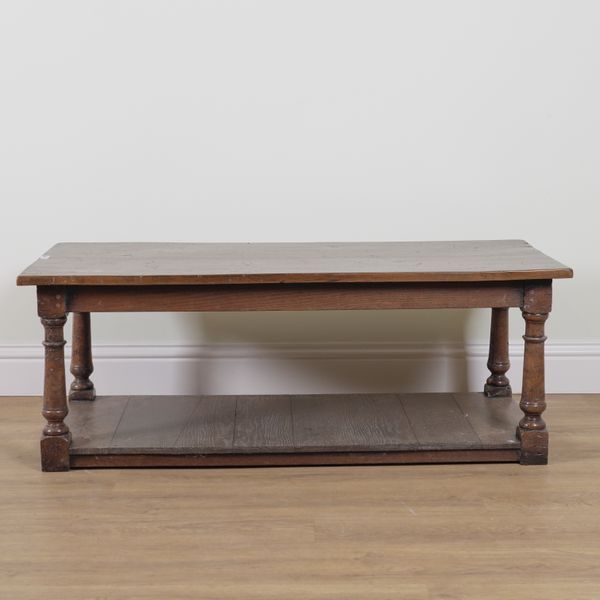 A 17TH CENTURY STYLE OAK RECTANGULAR TWO TIER COFFEE TABLE