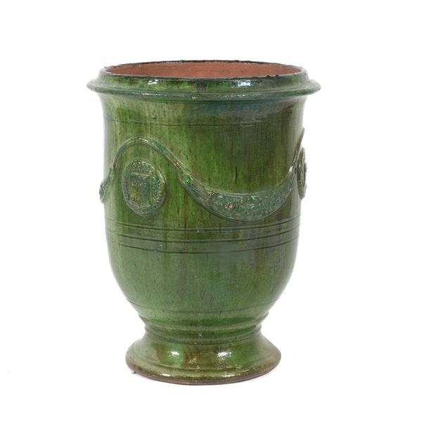 A FRENCH ANDUZE GREEN GLAZE TERRACOTTA JARDINIERE OR PLANTER