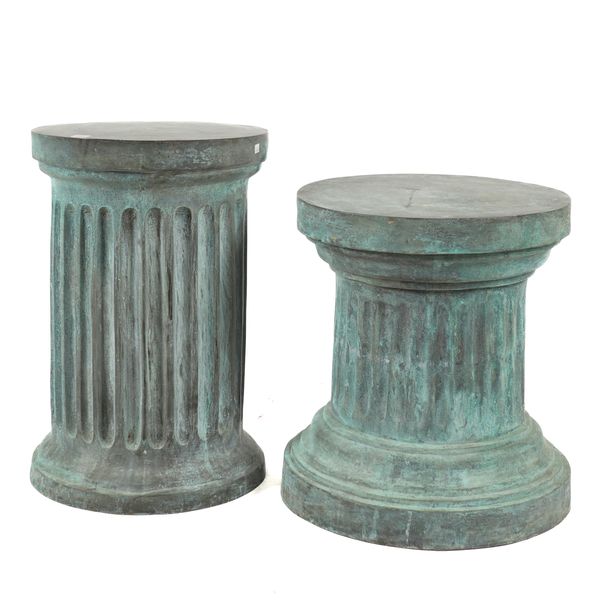 TWO VERDI-GRIS PATINATED METAL FLUTED COLUMN PEDESTALS (2)