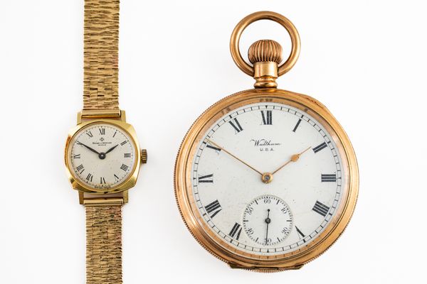 A BAUME AND MERCIER LADY'S GOLD WRISTWATCH AND A GENTLEMAN'S GOLD PLATED WALTHAM POCKET WATCH (2)