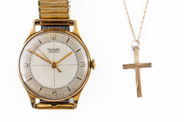 A ROTARY MAXIMUS 9CT GOLD CASED GENTLEMAN'S WRISTWATCH, A GOLD PENDANT CROSS AND A GOLD NECKCHAIN (3)