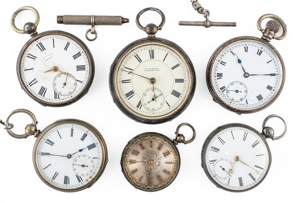 SIX OPENFACED POCKET AND FOB WATCHES AND ONE CHAIN (7)