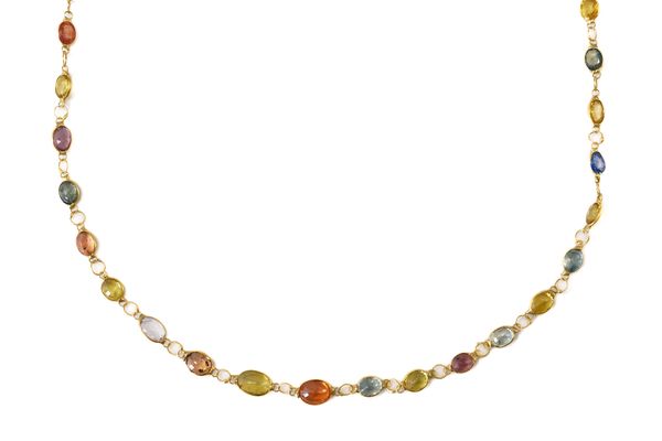 A LONG MULTI COLOURED SAPPHIRE NECKLACE