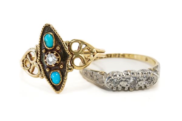 A GOLD AND PLATINUM, DIAMOND THREE STONE RING AND A TURQUOISE AND DIAMOND RING (2)