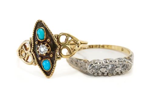 A GOLD AND PLATINUM, DIAMOND THREE STONE RING AND A TURQUOISE AND DIAMOND RING (2)