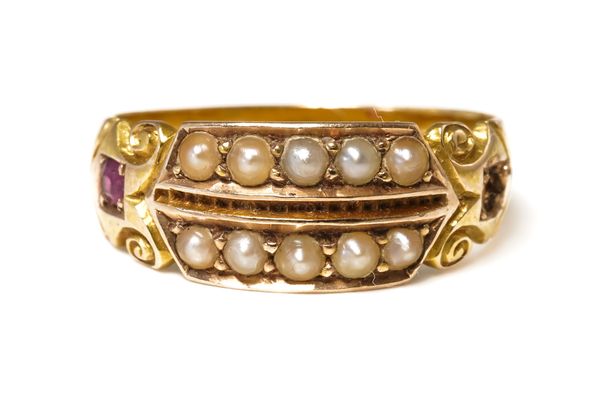 A VICTORIAN 15CT GOLD, SEED PEARL AND RUBY RING