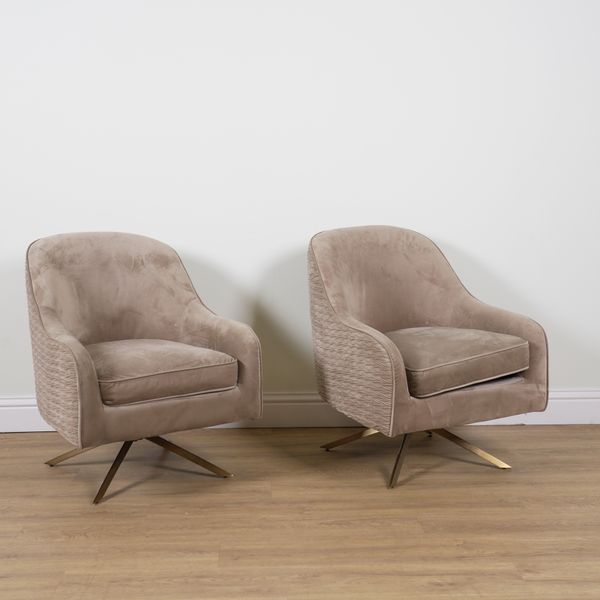 A PAIR OF GREY UPHOLSTERED REVOLVING ARMCHAIRS (2)