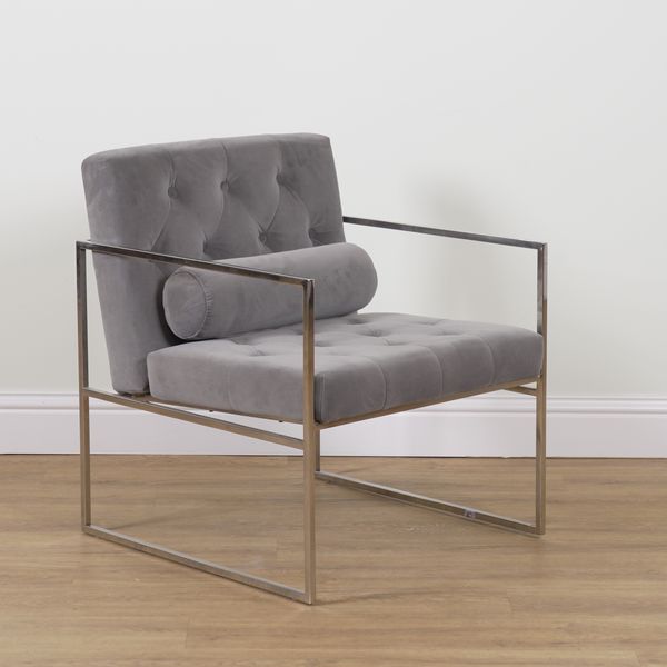 A CHROME FRAMED SQUARE BACK ARMCHAIR (2)