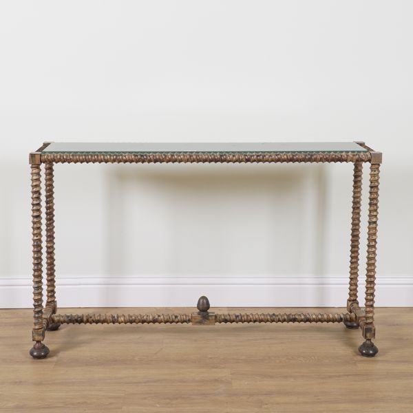 A MODERN GLASS INSET RECTANGULAR CONSOLE TABLE