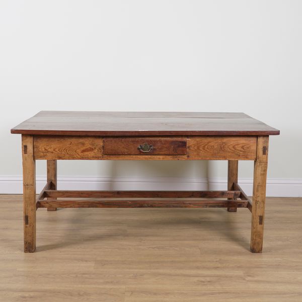 A 19TH CENTURY YEW TRIPLE PLANK TOP KITCHEN TABLE