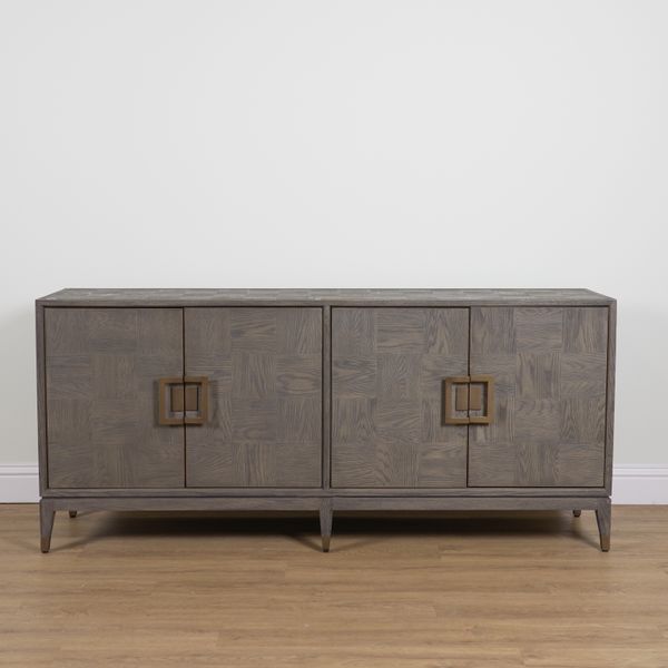 A GREY HARDWOOD AND BRASS LINE INLAID FOUR DOOR SIDEBOARD