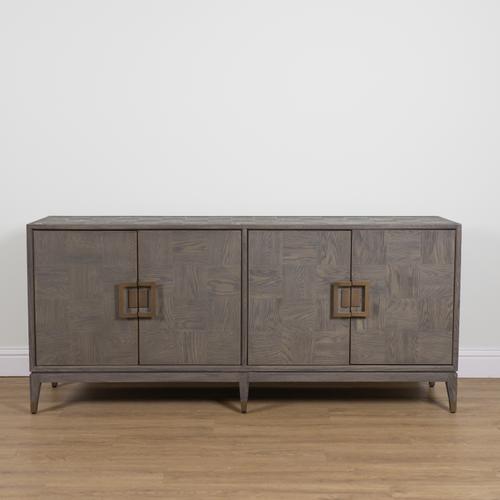 A GREY HARDWOOD AND BRASS LINE INLAID FOUR DOOR SIDEBOARD