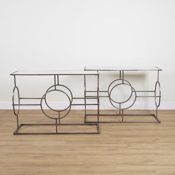 A PAIR OF METAL AND WHITE MARBLE TOPPED CONSOLE TABLES (2)